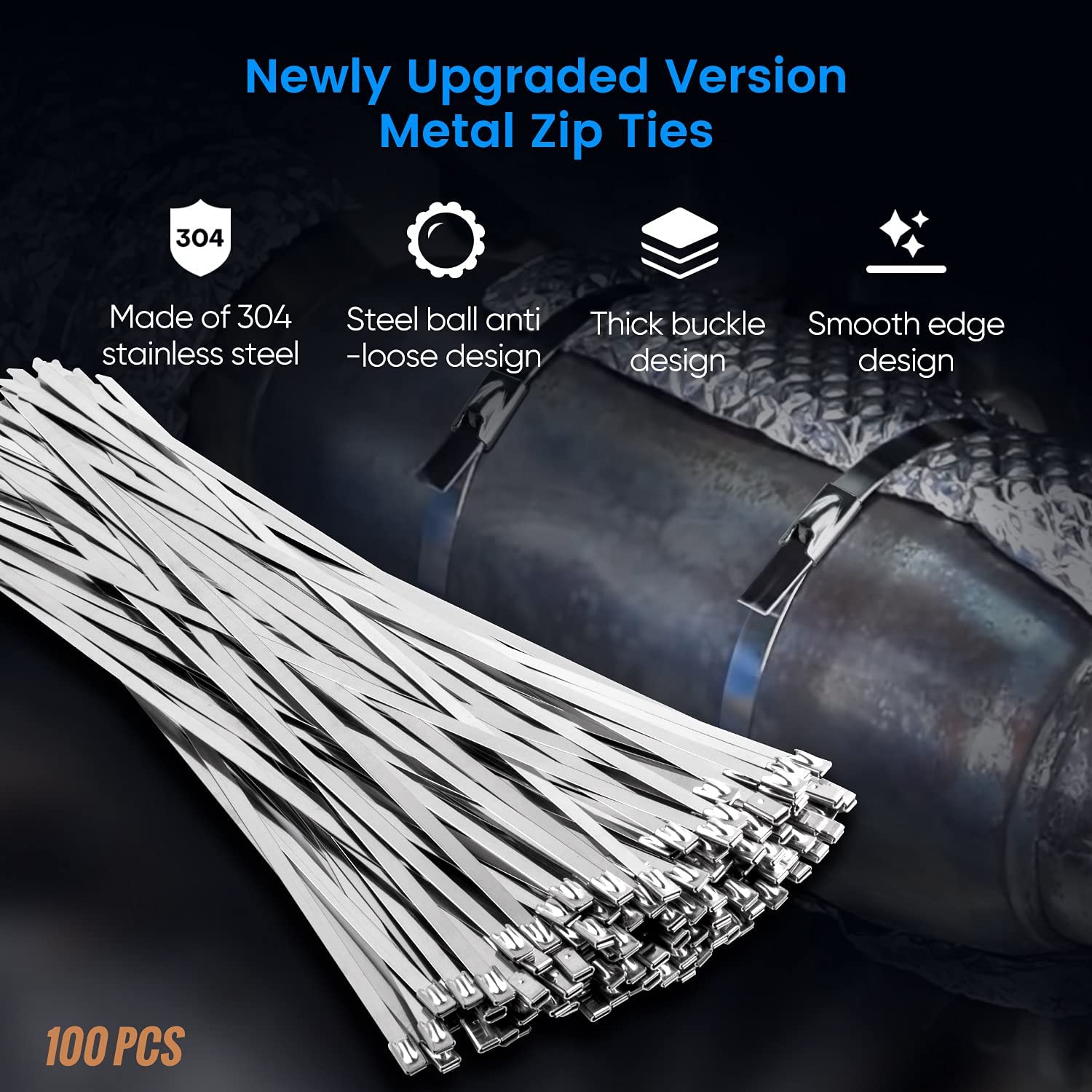 Metal Zip Ties, 100 Pieces 11.8 Inch Stainless Steel Exhaust Wrap Heavy Duty Locking Cable Ties
