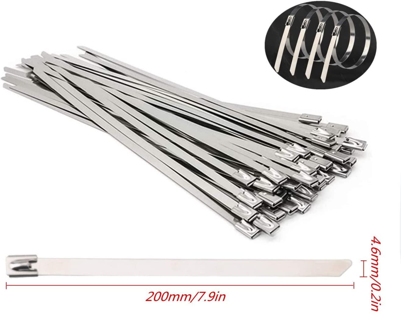 Stainless Steel Ribbon 7.9 Inch Heavy-Duty Self-Locking Cable Tie Multi-Purpose Metal Exhaust Twine Grip