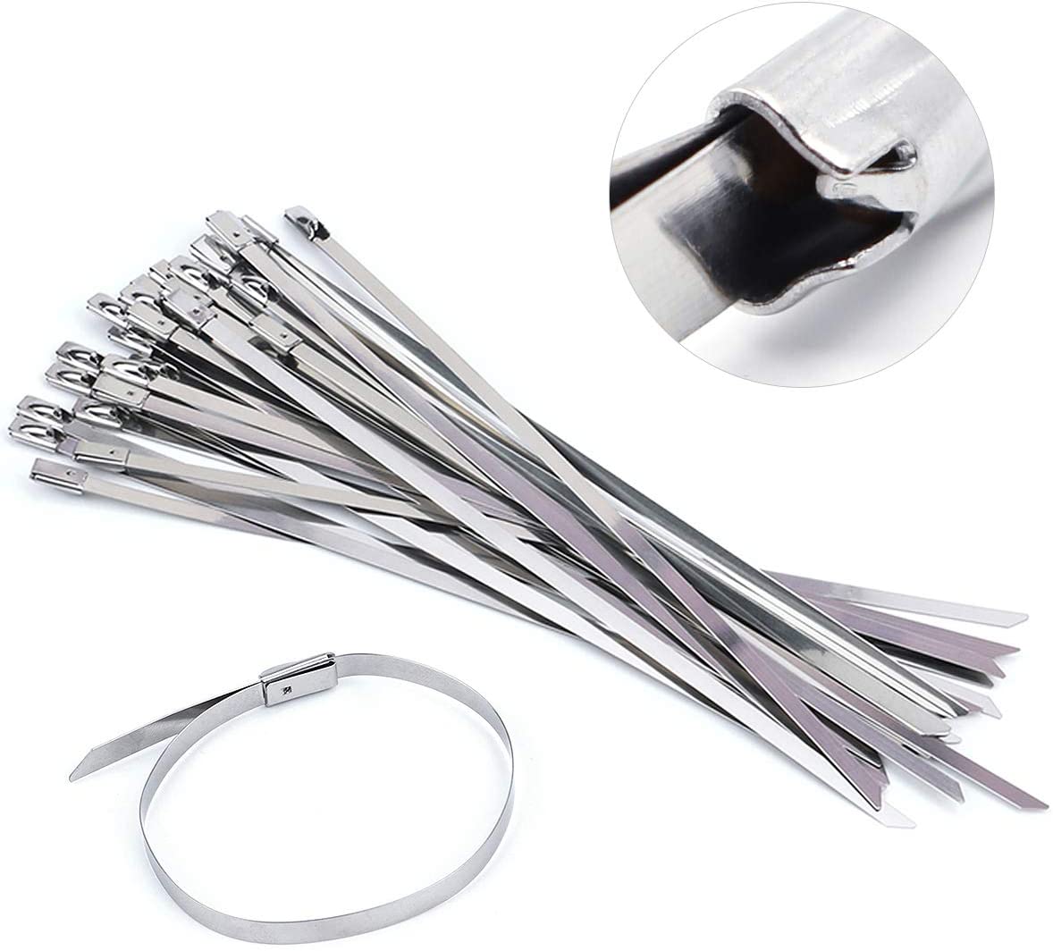 Stainless Steel Ribbon 7.9-Inch Heavy-Duty Self-Locking Cable Ties, Multi-Purpose Metal Exhaust Twine Grip,