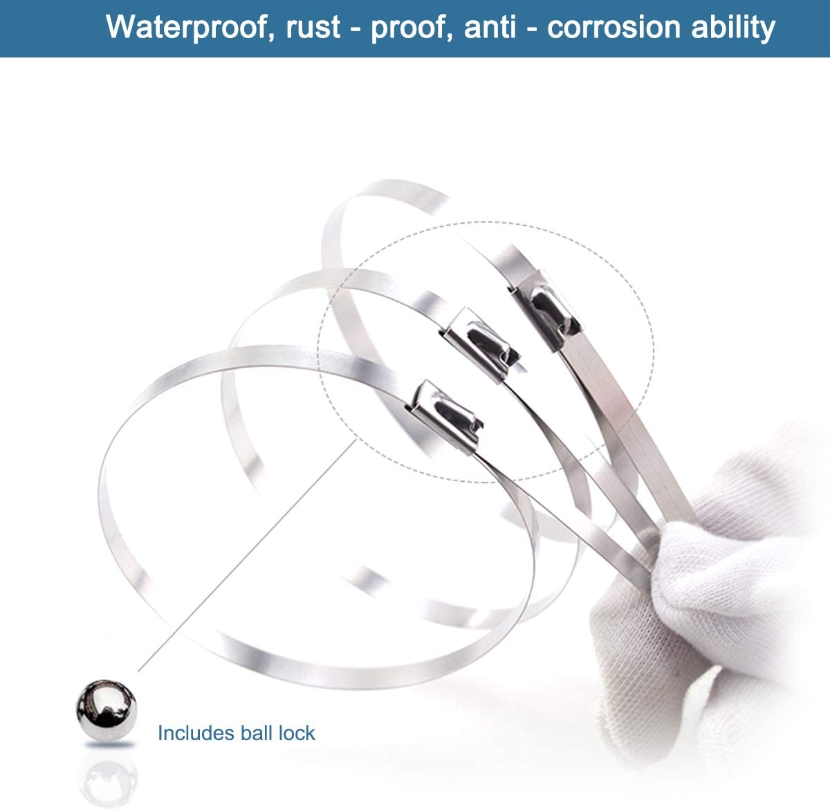 Stainless Steel Ribbon 7.9-Inch Heavy-Duty Self-Locking Cable Ties, Multi-Purpose Metal Exhaust Twine Grip,