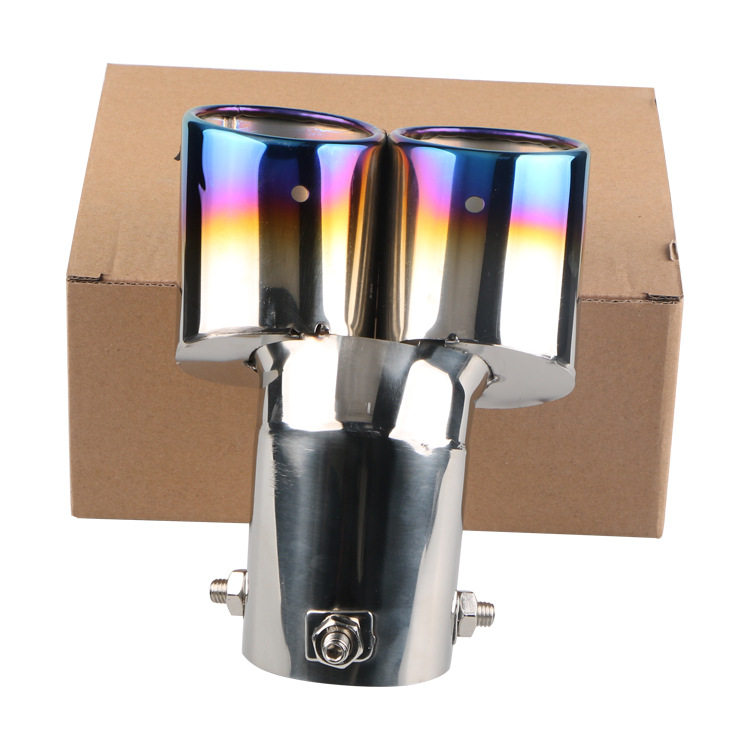 Car Double-Tube Tail Throat Baking Blue Curved Car Exhaust Muffler Flue Oblique Tail Pipe Muffler Modification Supplies