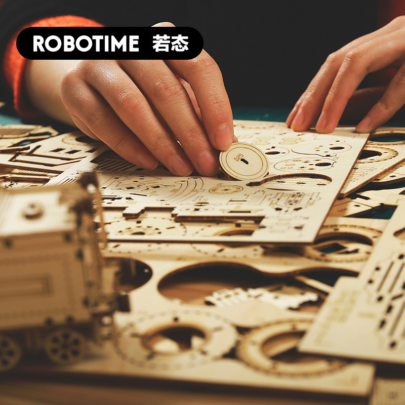 Robotime Ruoke Locomotive Century Wheel DIY Handmade Wooden Assembled Toy Car Model Jigsaw Gift