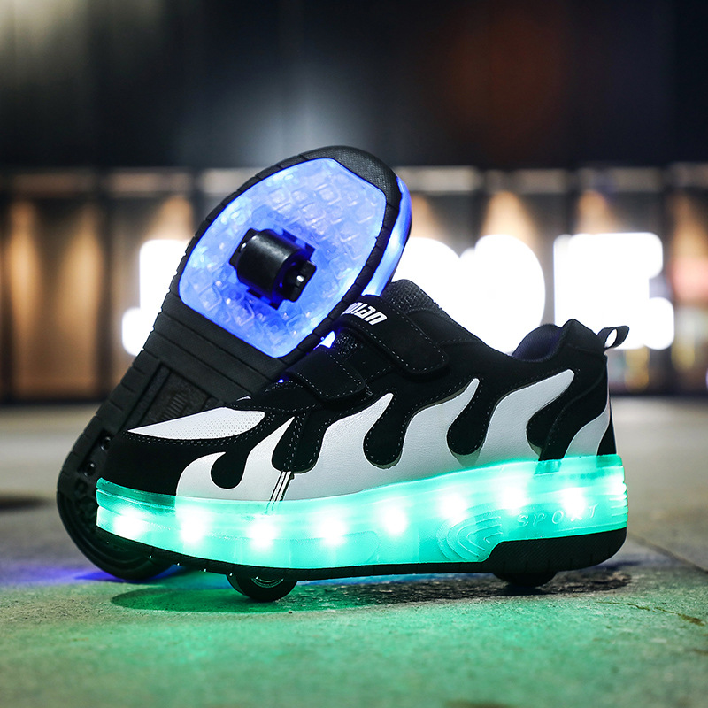 Cross-Border Supply Light-Emitting Two-Wheel Heelys Led Charging Skate Shoes Boys and Girls Shoes Cow Walking Shoes Rollerskate