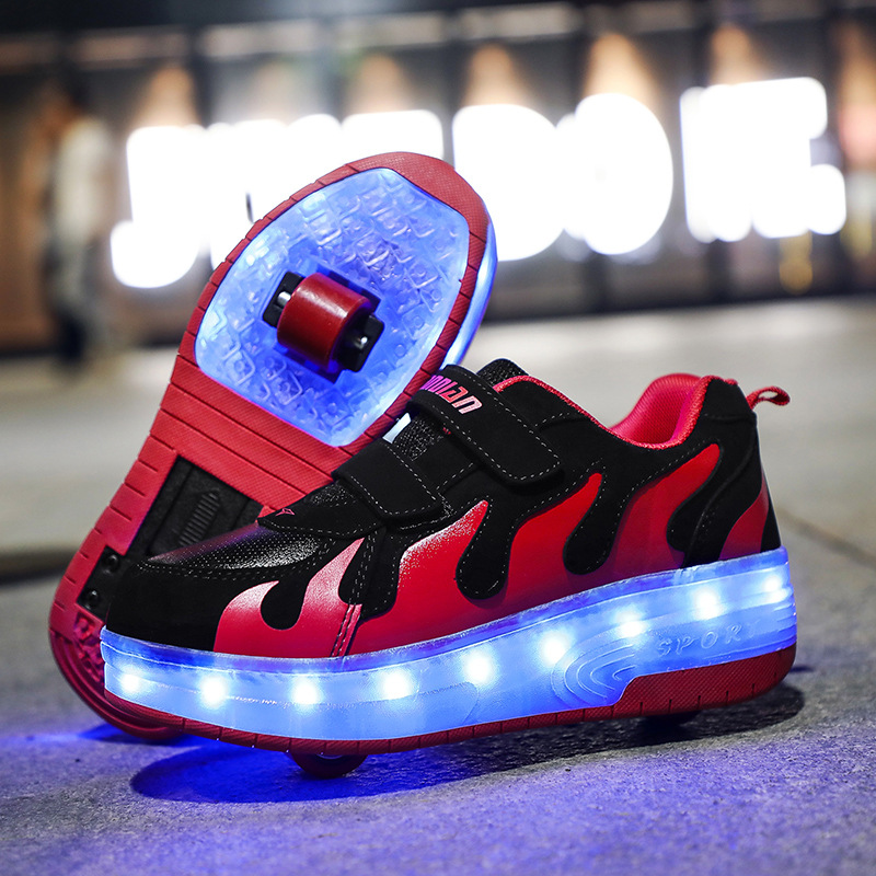Cross-Border Supply Light-Emitting Two-Wheel Heelys Led Charging Skate Shoes Boys and Girls Shoes Cow Walking Shoes Rollerskate