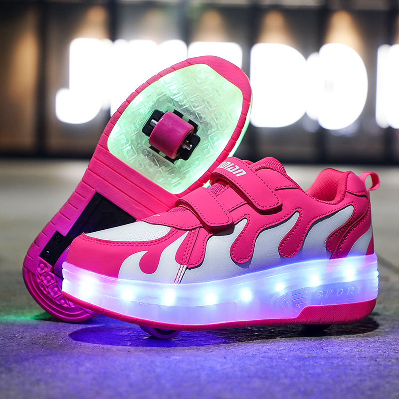 Cross-Border Supply Light-Emitting Two-Wheel Heelys Led Charging Skate Shoes Boys and Girls Shoes Cow Walking Shoes Rollerskate