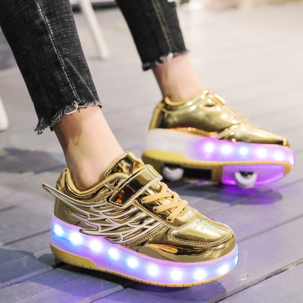 Cross-Border Supply Rechargeable Children&#039;s Luminous Wings Heelys Double Wheel Skate Shoes Boys and Girls Shoes Single Wheel Skates