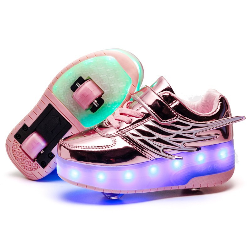 Cross-Border Supply Rechargeable Children&#039;s Luminous Wings Heelys Double Wheel Skate Shoes Boys and Girls Shoes Single Wheel Skates