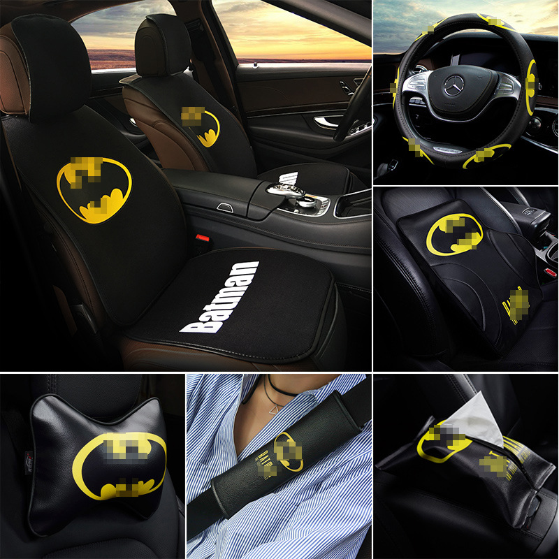 Car Neck Pillow Bat Cartoon Car Interior Set Back Cushion Lumbar Support Safety Belt Shoulder Pad Steering Wheel Set