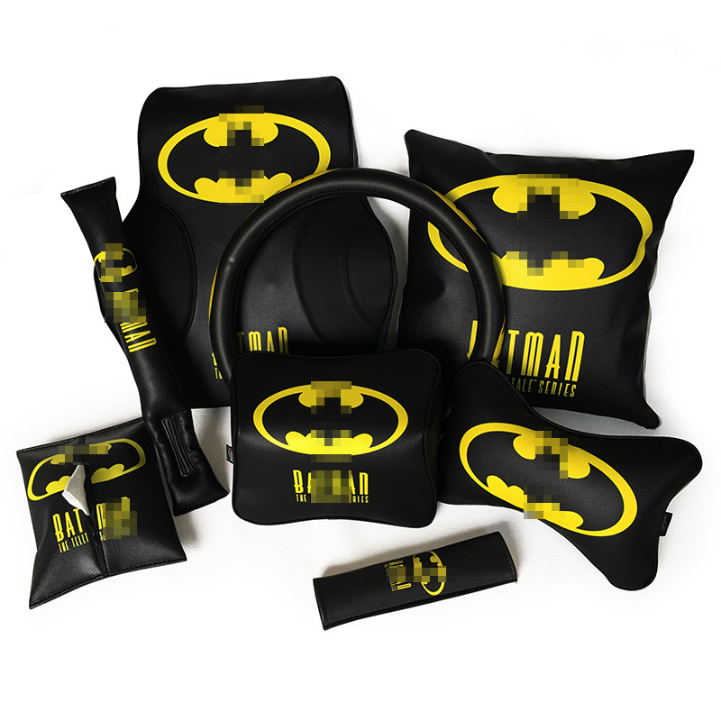 Car Neck Pillow Bat Cartoon Car Interior Set Back Cushion Lumbar Support Safety Belt Shoulder Pad Steering Wheel Set