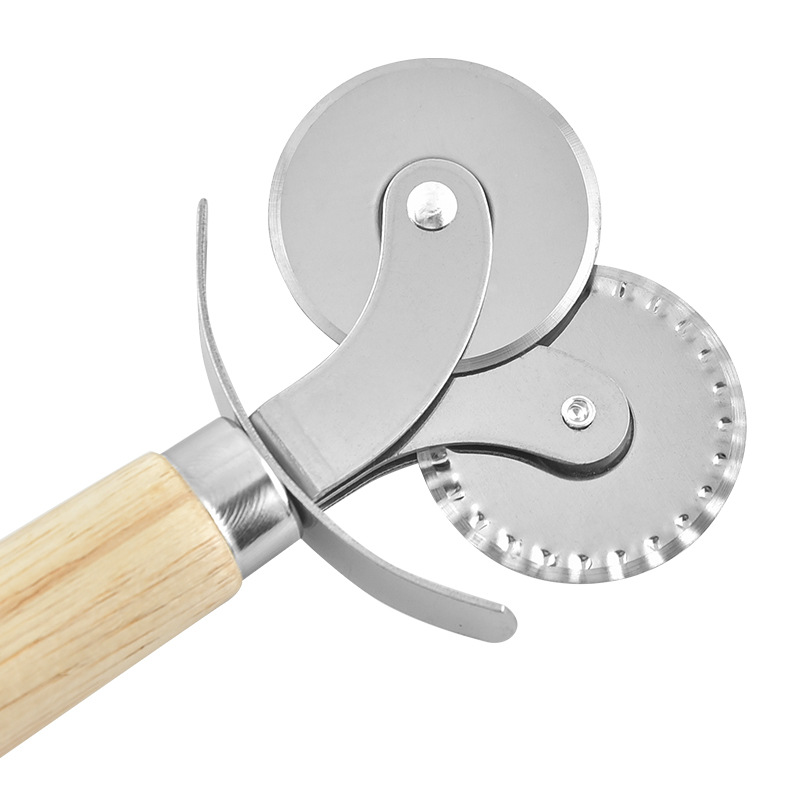 Handle Stainless Steel Pizza Cut DoubleHeaded Roller Cutter Single Wheel Pizza Pie Separator Wooden Handle Pizza Wheel