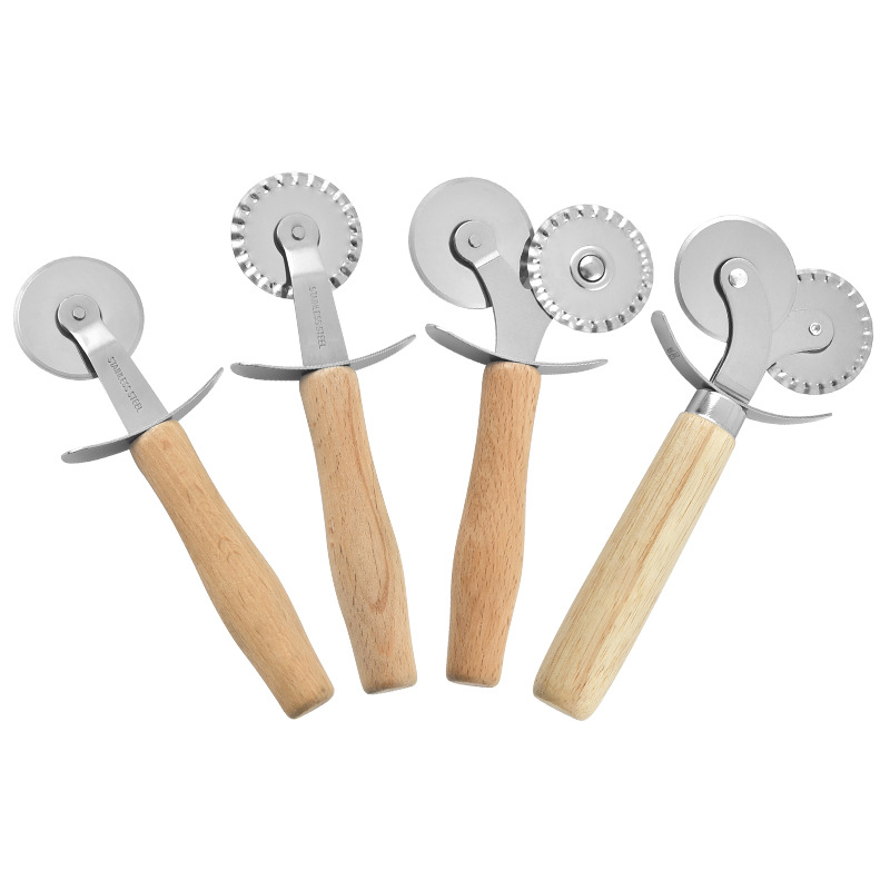 Handle Stainless Steel Pizza Cut DoubleHeaded Roller Cutter Single Wheel Pizza Pie Separator Wooden Handle Pizza Wheel