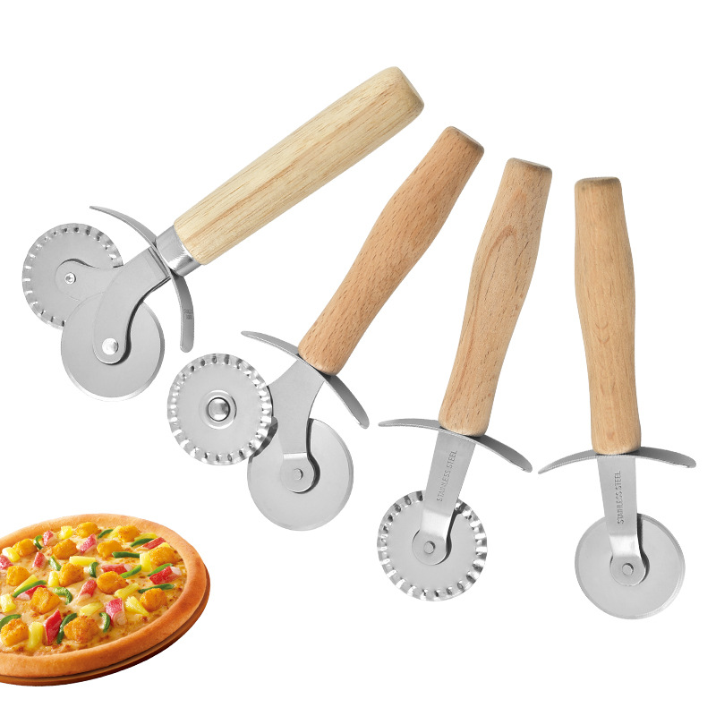 Handle Stainless Steel Pizza Cut DoubleHeaded Roller Cutter Single Wheel Pizza Pie Separator Wooden Handle Pizza Wheel
