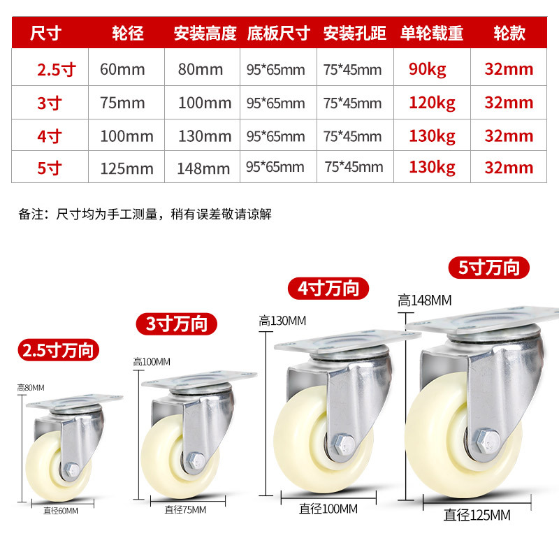 Medium Nylon Wheel 25Inch 3Inch 4Inch 5Inch DualAxis White Nylon Universal Wheel White Pp Wheel Platform Trolley Wheel