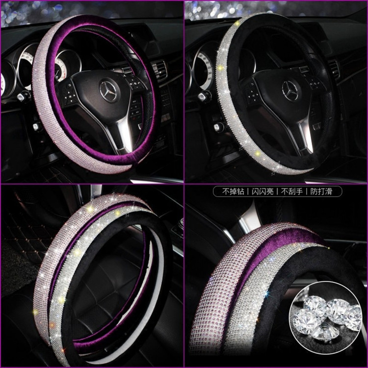New Rhinestone Car Diamond Wheel Cover Full Diamond Women&#039;s Fashion Winter Plush Stitching Car Steering Wheel Cover