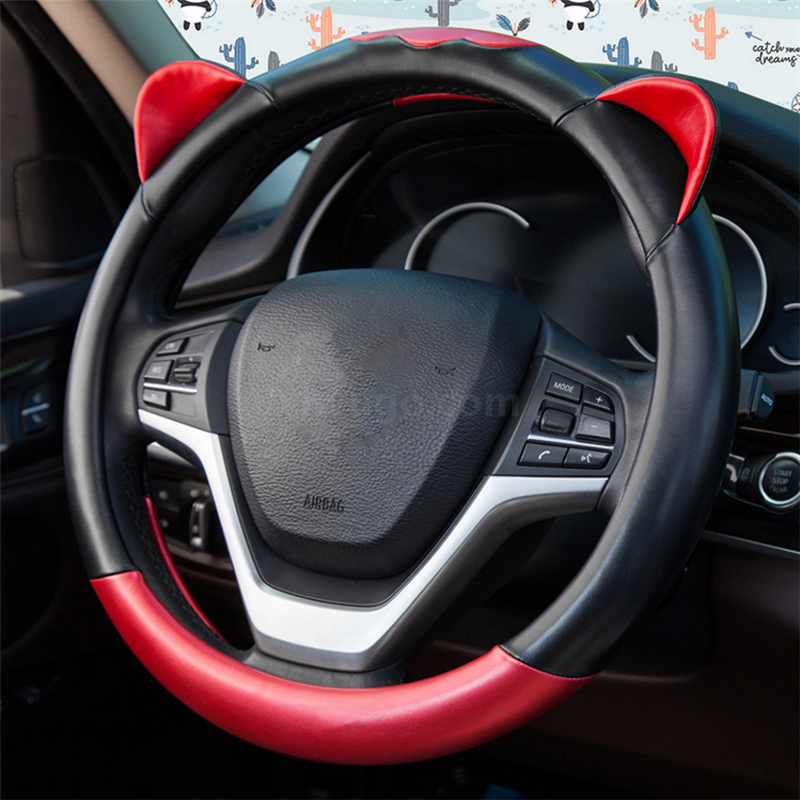 Cute cute cat leather steering wheel cover car with four seasons non-slip cover round D