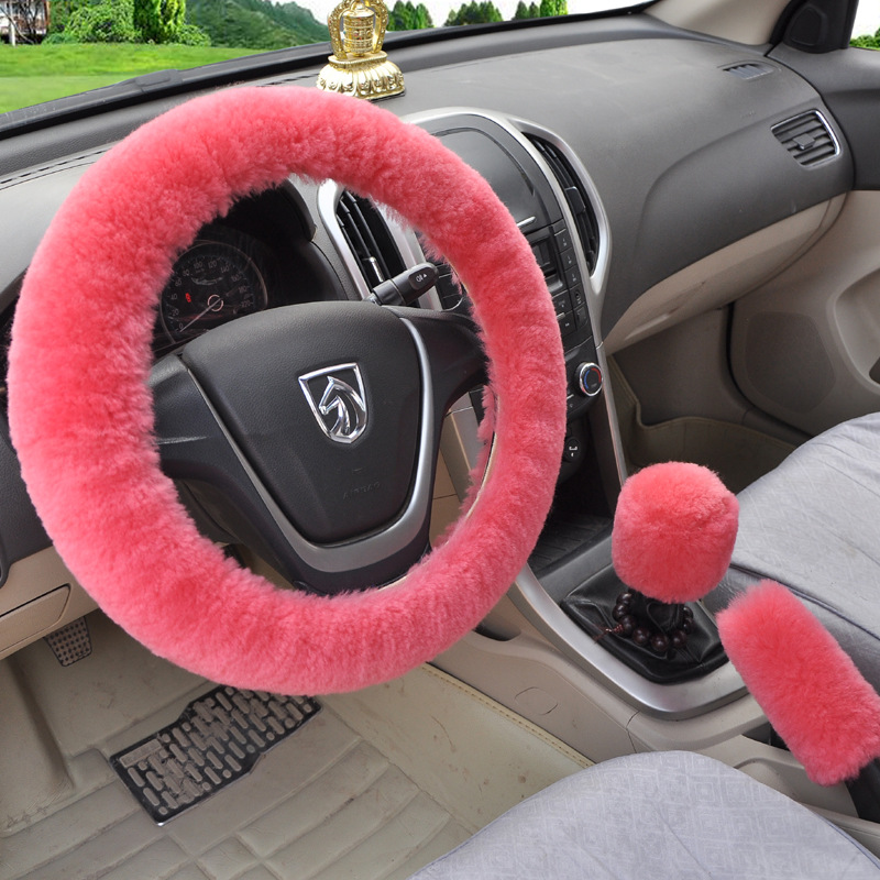 Woollike s Car Handlebar Cover Wool Handle Cover Wool Steering Wheel Cover Universal Fur ThreePiece Set