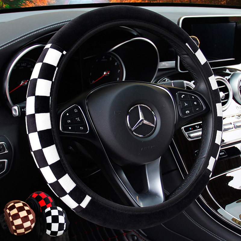 Ring Black and White Plaid Plush Elastic Steering Wheel Cover Winter Sports Warm Handle Cover Manufacturers CrossBorder