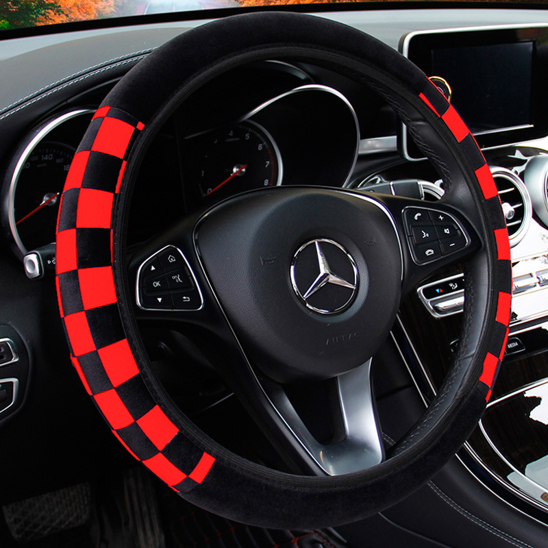 Ring Black and White Plaid Plush Elastic Steering Wheel Cover Winter Sports Warm Handle Cover Manufacturers CrossBorder