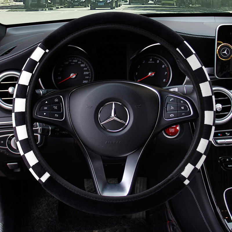 Ring Black and White Plaid Plush Elastic Steering Wheel Cover Winter Sports Warm Handle Cover Manufacturers CrossBorder