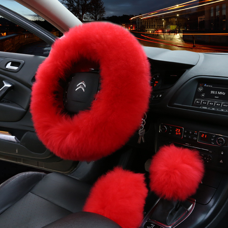 Car Wool Steering Wheel Cover Winter New Australian Sheepskin Fur Integrated Wool Handle Cover Hand Brake Cover