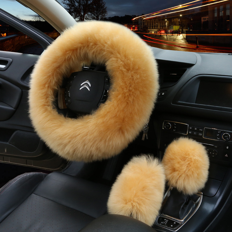 Car Wool Steering Wheel Cover Winter New Australian Sheepskin Fur Integrated Wool Handle Cover Hand Brake Cover
