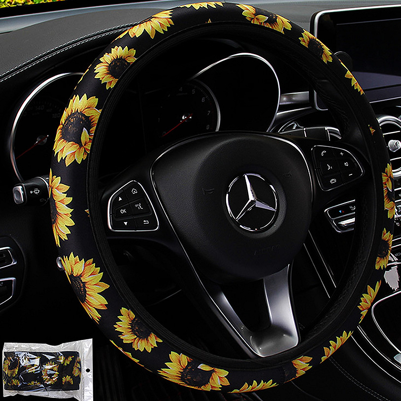 Cross-Border Perforated Carbon Fiber Four Seasons Car Steering Wheel Cover Wholesale Generation Cartoon Sunflower New Handle Cover
