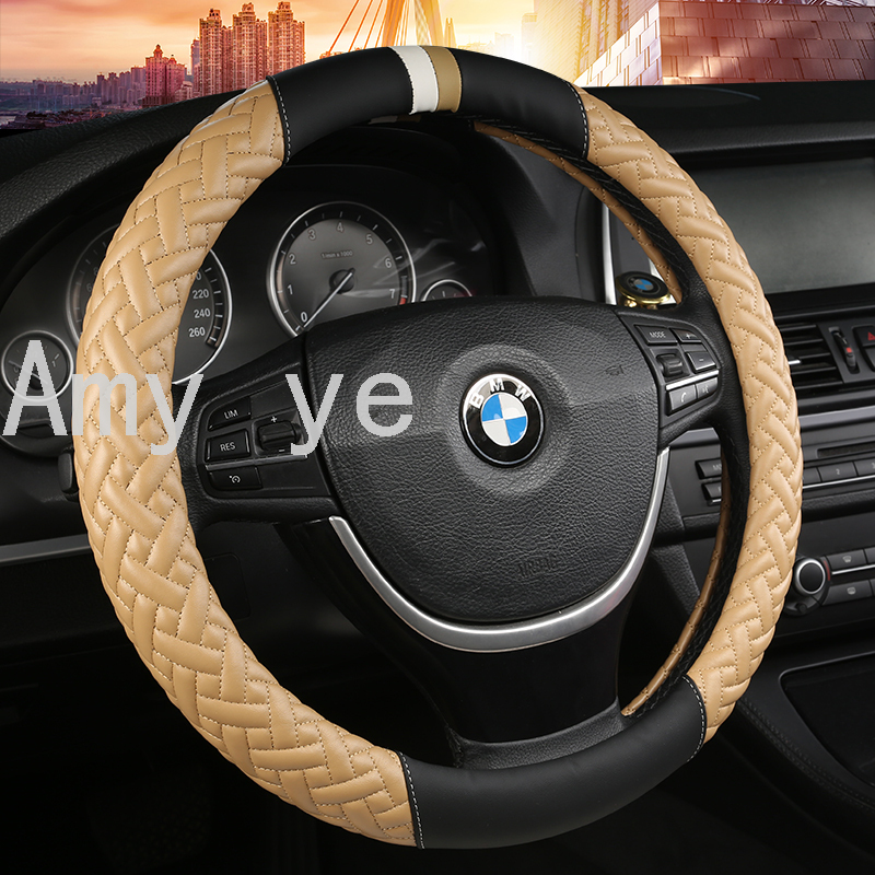 Full Leather Quilted Embroidered Four-Color Steering Wheel Cover Breathable Sweat-Absorbent Non-Slip Car Supplies