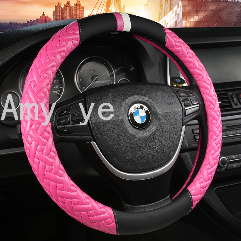 Full Leather Quilted Embroidered Four-Color Steering Wheel Cover Breathable Sweat-Absorbent Non-Slip Car Supplies