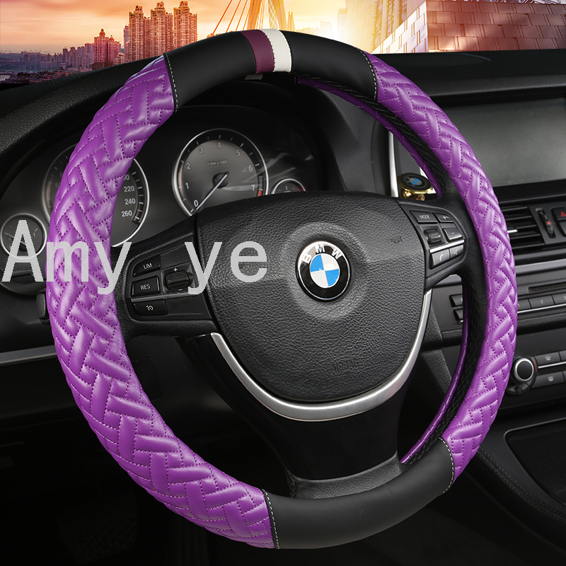 Full Leather Quilted Embroidered Four-Color Steering Wheel Cover Breathable Sweat-Absorbent Non-Slip Car Supplies
