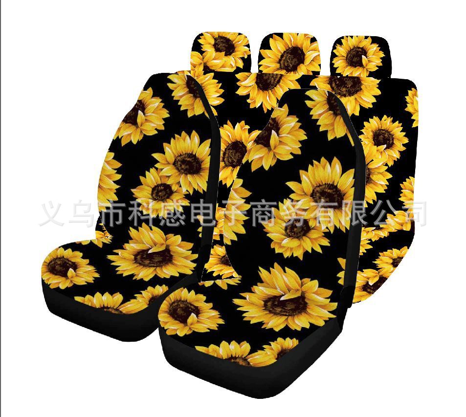 SUNFLOWER Car Seat Cover Sunflower High Back Printing 5 Seats 7 PCs Steering Wheel Cover Shoulder Sleeve Armrest Pad