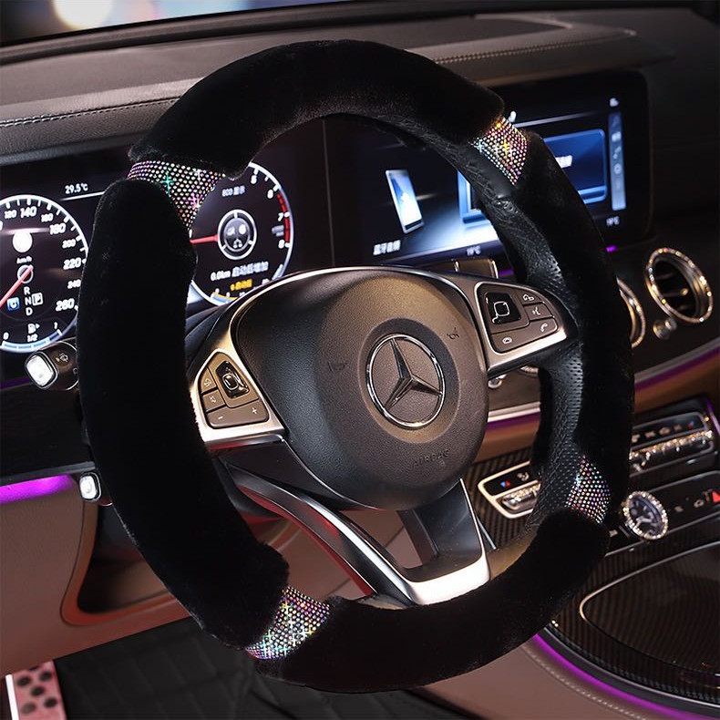 Car Colorful Crystals Plush Steering Wheel Cover Diamond Plush Grip Cover for Winter Hot Drilling Steering Wheel Set Creative Warm