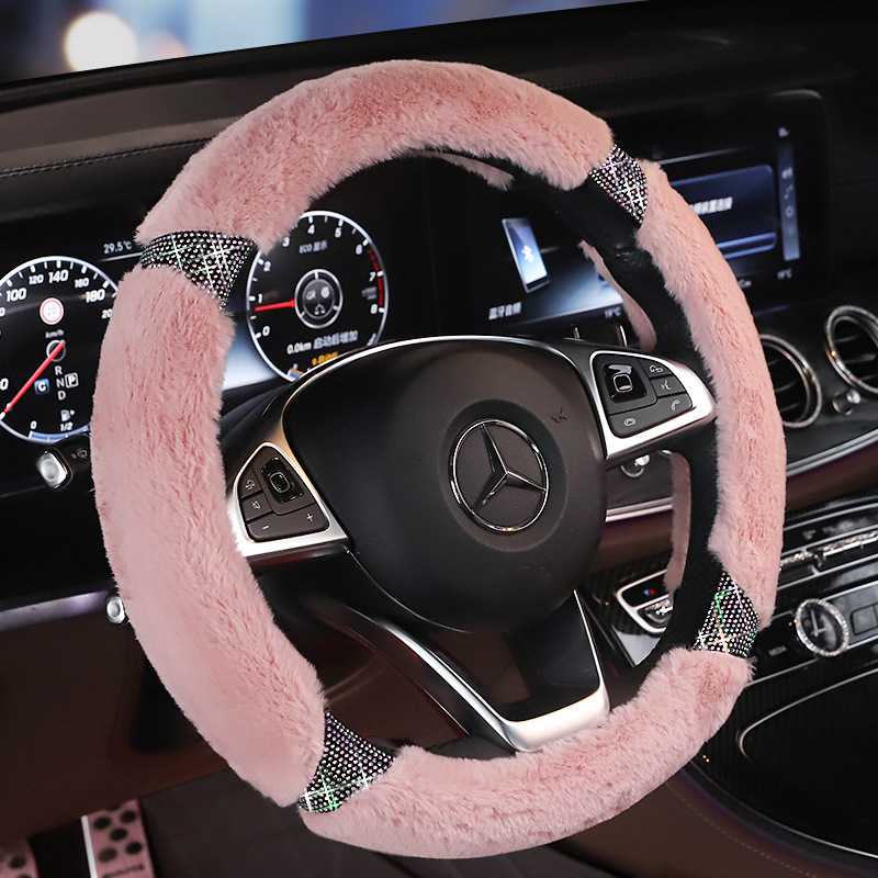 Car Colorful Crystals Plush Steering Wheel Cover Diamond Plush Grip Cover for Winter Hot Drilling Steering Wheel Set Creative Warm