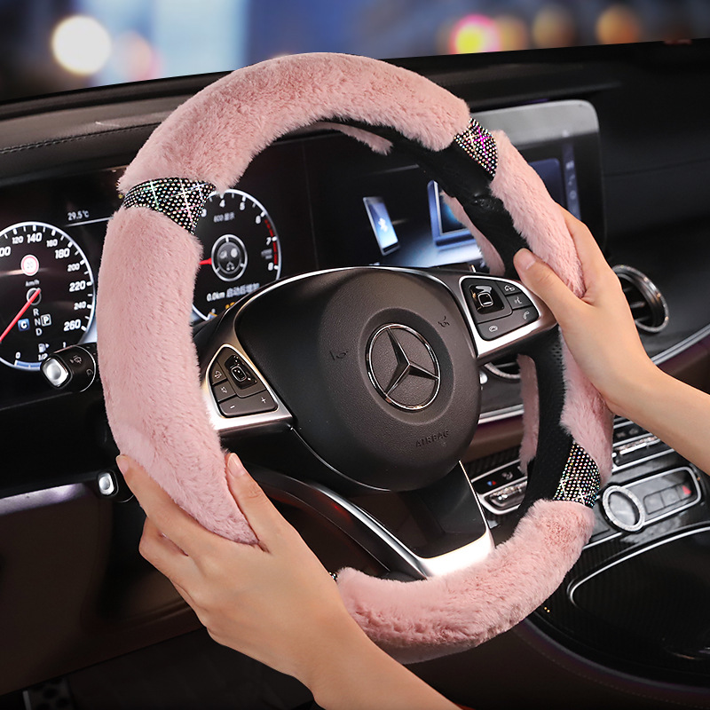 Car Colorful Crystals Plush Steering Wheel Cover Diamond Plush Grip Cover for Winter Hot Drilling Steering Wheel Set Creative Warm