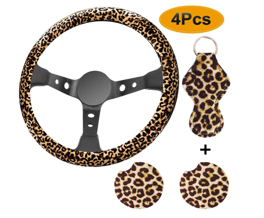 Neoprene Foreign Trade Cross-Border Universal Car Steering Wheel Cover Light Leopard Print Handle Cover Keychain 4-Piece Set Printed EBay