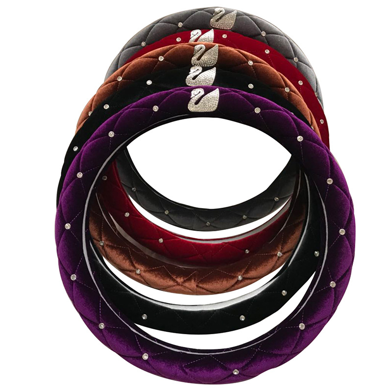 Cross-Border Wholesale Autumn and Winter Swan Logo Diamond Plush Car Steering Wheel Cover New Diamond Short Plush Car Steering Wheel Cover