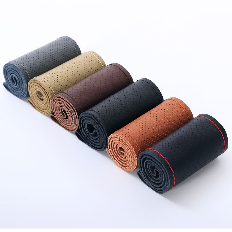 Leather Steering Wheel Cover Factory Direct Sales Four Seasons Universal Hand-Stitched Cowhide Car Steering Wheel Cover One Piece Dropshipping