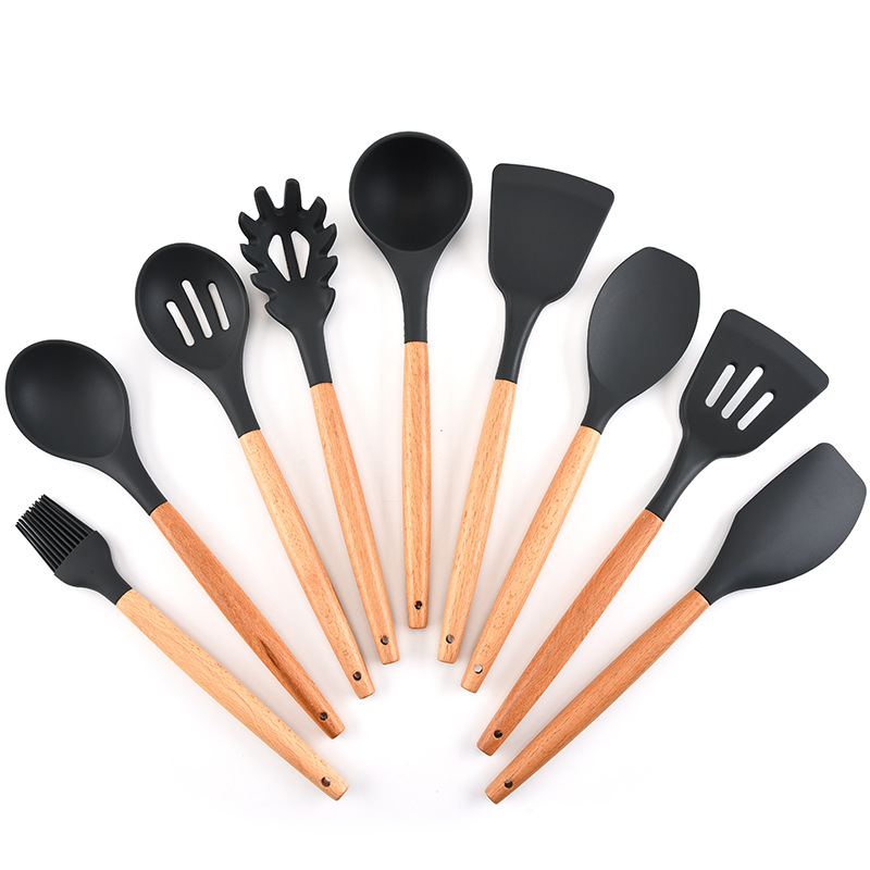  Silicone Wooden Handle Kitchenware 12-Piece Non-Stick Pan Spoon Ladel Filter Kitchen Cooking Kit