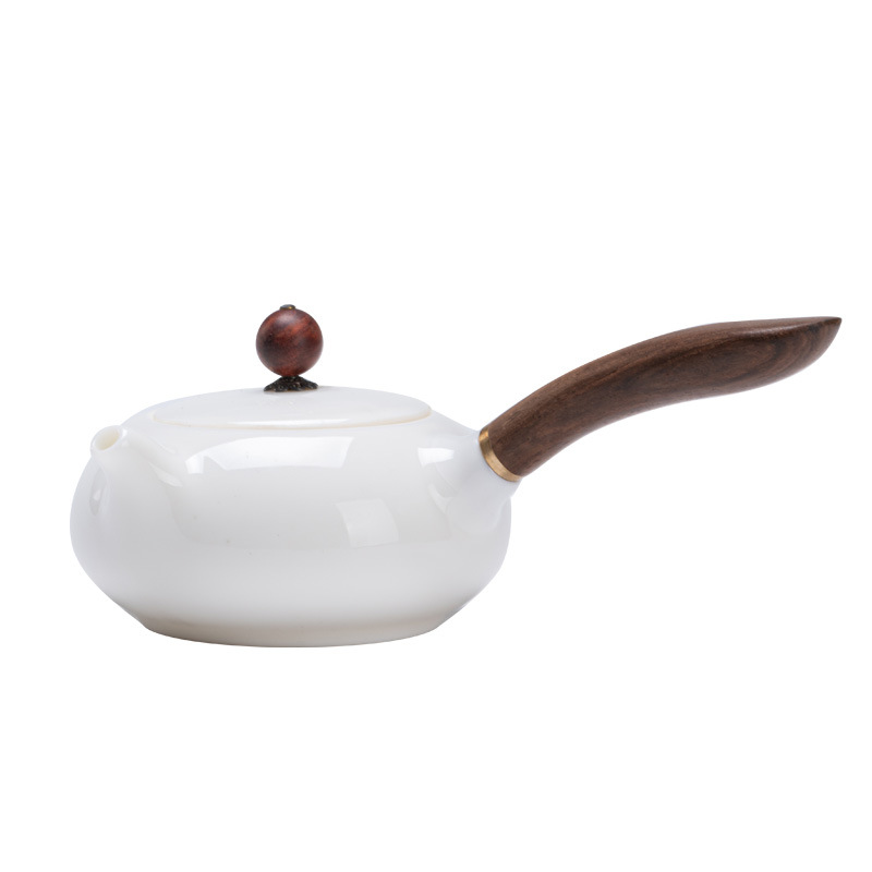 Jade White Porcelain Handmade Side Handle Pot Creative Fashion Blackwood Handle Teapot Kung Fu Tea Set Filter Single Pot