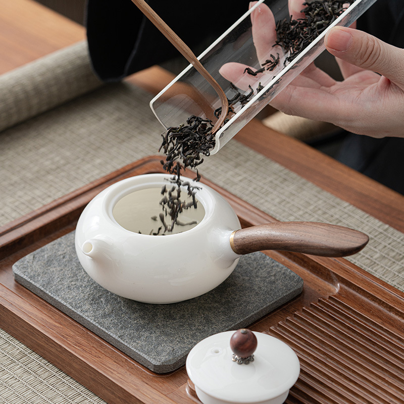 Jade White Porcelain Handmade Side Handle Pot Creative Fashion Blackwood Handle Teapot Kung Fu Tea Set Filter Single Pot
