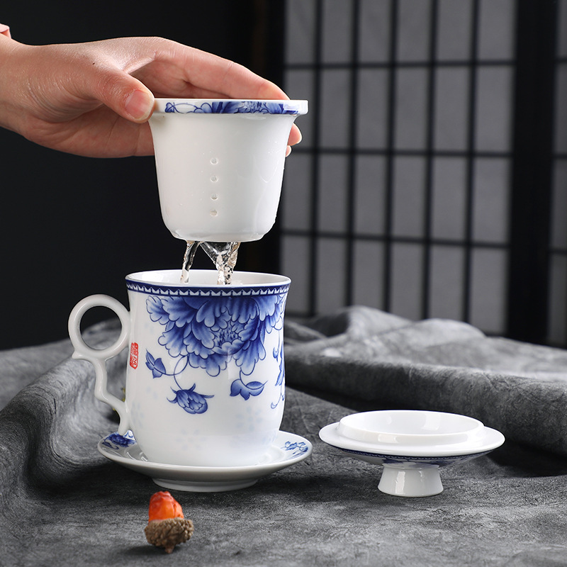 Ceramic Office FourPiece Cup Household Tea Personal Cup with Lid with Filter Practical Cup for Boss Special Offer Whole