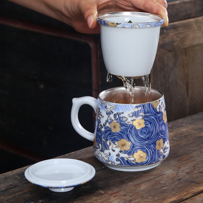 999 Sterling Silver Cup Ceramic Filter Cup Kung Fu Tea Set Liner Silver Office Tea Cup Home