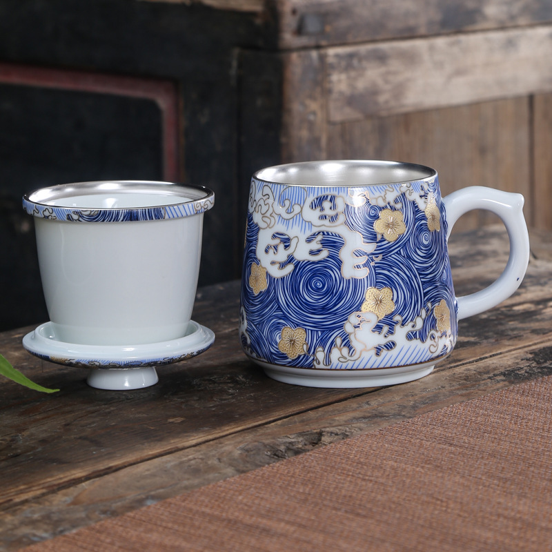999 Sterling Silver Cup Ceramic Filter Cup Kung Fu Tea Set Liner Silver Office Tea Cup Home