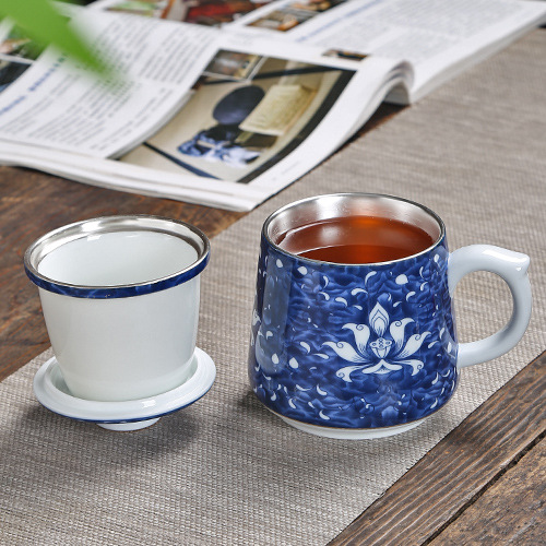 999 Sterling Silver Cup Ceramic Filter Cup Kung Fu Tea Set Liner Silver Office Tea Cup Home