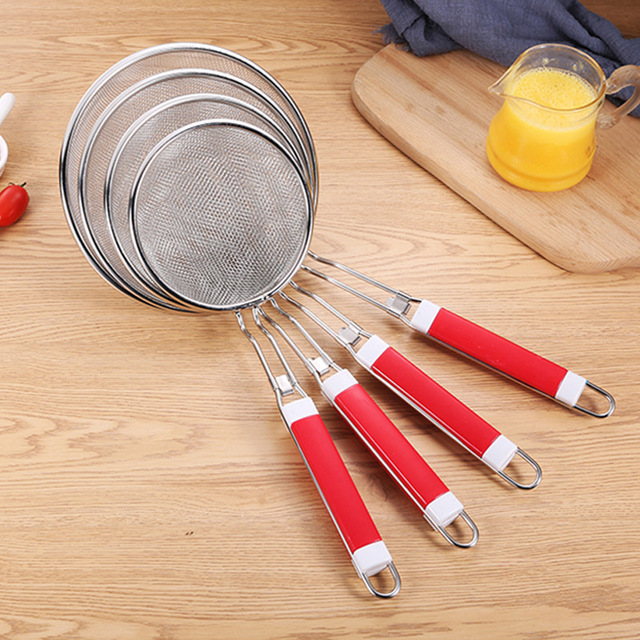Red Clip Handle Stainless Sieve Double Color Handle Soybean Milk Leaking Bird&#039;s Nest Soybean Milk Hot Pot Filter Screen Hotel Filter Oil Grid