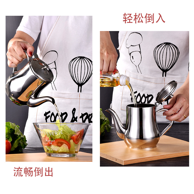 201 Stainless Steel Oiler Kitchen Oil Filter Cup Household Filter Screen Oil Jar Pot Oil Leakage Oil Storage Tank Large Capacity