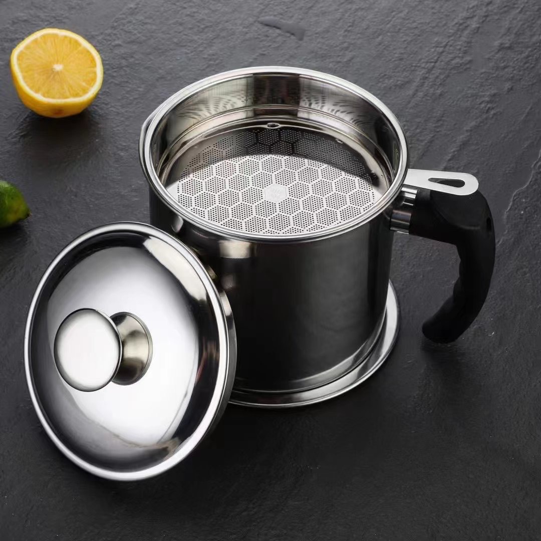 Stainless Steel Oil Draining Pot Household Oil Filter Pot with Filter Screen Oil Storage Cup Oil Pot Leak-Proof Oil Pot Kitchen Utensils