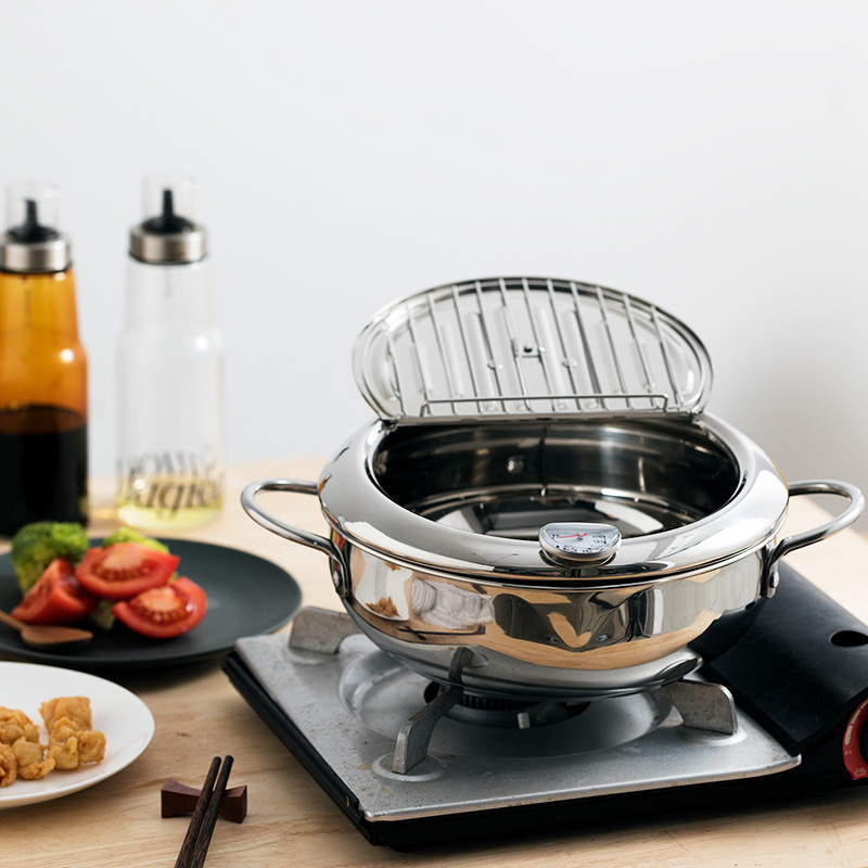 JapaneseStyle Deep Frying Pan Household with Lid and Thermometer Temperature Control Flip Lid Oil Filter and Fuel Saving