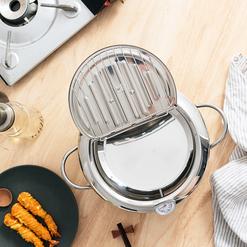 JapaneseStyle Deep Frying Pan Household with Lid and Thermometer Temperature Control Flip Lid Oil Filter and Fuel Saving