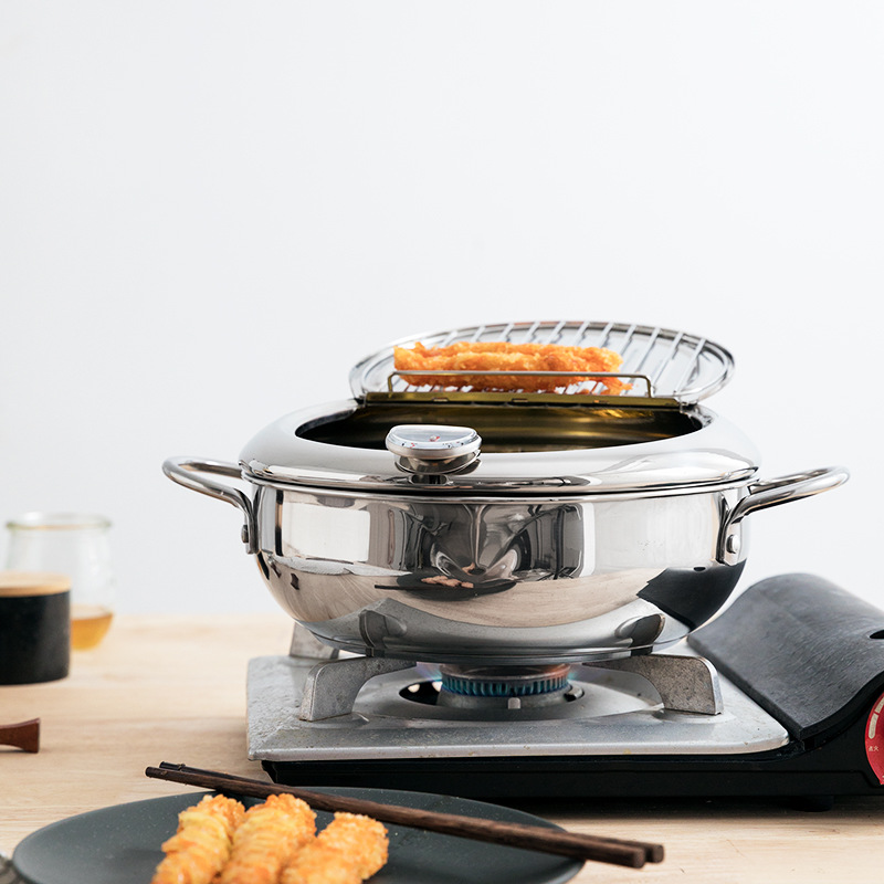 JapaneseStyle Deep Frying Pan Household with Lid and Thermometer Temperature Control Flip Lid Oil Filter and Fuel Saving