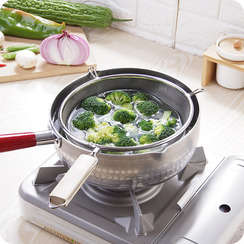 Stainless Steel Large Strainer Wooden Handle Double Ear Fried Oil Filter Strainer Spoon Household Oil Filter